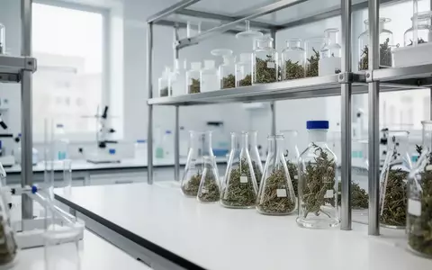 Ein steriler, moderner pharmazeutischer Laborraum mit Glasgefäßen und medizinischen Pflanzenstoffen in einer klinischen Umgebung. - Foto: über boerse-global.de