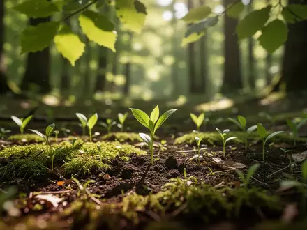 Sonnenlicht fällt durch grüne Blätter auf einen Waldboden mit Moos und frischen Trieben, die Wachstum und Natur symbolisieren. - Foto: über boerse-global.de