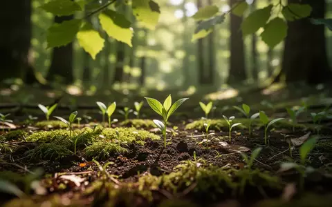 Sonnenlicht fällt durch grüne Blätter auf einen Waldboden mit Moos und frischen Trieben, die Wachstum und Natur symbolisieren. - Foto: über boerse-global.de