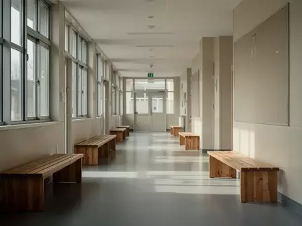 Ein leerer, sonnendurchfluteter Flur in einem modernen Schulgebäude mit Holzbänken und klaren architektonischen Linien. - Foto: über boerse-global.de