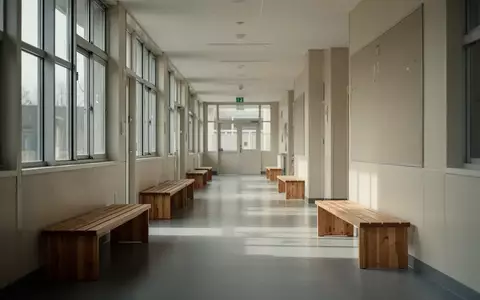 Ein leerer, sonnendurchfluteter Flur in einem modernen Schulgebäude mit Holzbänken und klaren architektonischen Linien. - Foto: über boerse-global.de