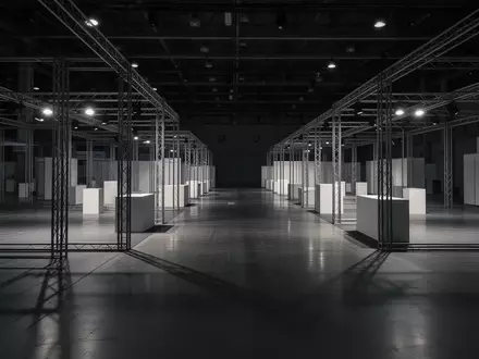 Ein verlassener und leerer Messestand in einer großen Ausstellungshalle bei Nacht. - Foto: über boerse-global.de