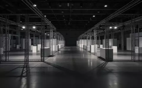 Ein verlassener und leerer Messestand in einer großen Ausstellungshalle bei Nacht. - Foto: über boerse-global.de