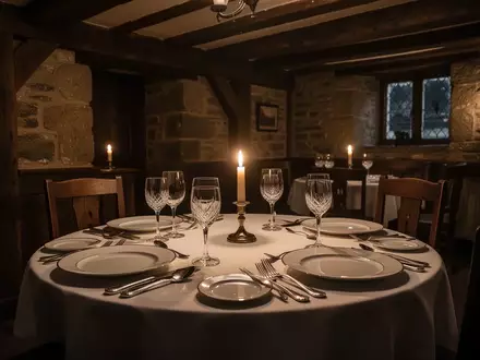 Ein festlich gedeckter Tisch in einem rustikalen Gasthaus mit Kerzenlicht und historischem Ambiente. - Foto: über boerse-global.de