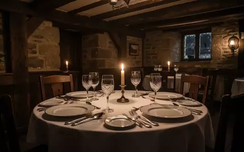 Ein festlich gedeckter Tisch in einem rustikalen Gasthaus mit Kerzenlicht und historischem Ambiente. - Foto: über boerse-global.de