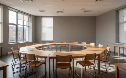Ein heller, leerer Seminarraum mit Holztischen und Stühlen in einem modernen Bildungszentrum. - Foto: über boerse-global.de