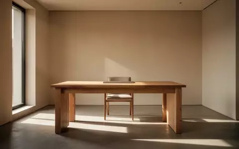 Ein minimalistischer Arbeitsraum mit einem massiven Eichentisch in hellem, natürlichem Tageslicht. - Foto: über boerse-global.de
