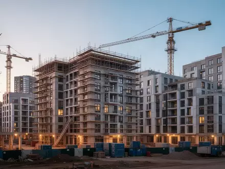 Baustelle eines modernen Wohnbauprojekts mit Kränen und im Bau befindlichen Gebäuden in einer städtischen Umgebung. - Foto: über boerse-global.de
