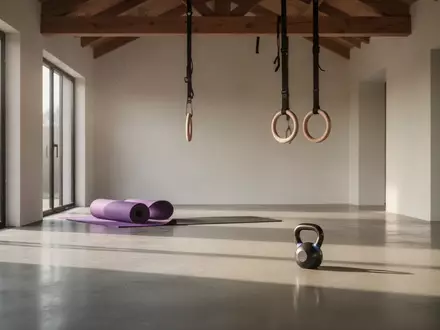 Ein minimalistisch gestalteter Fitnessraum mit Yoga-Matte, hängenden Turnringen und einer Kettlebell in hellem Tageslicht. - Foto: über boerse-global.de