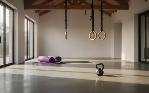 Ein minimalistisch gestalteter Fitnessraum mit Yoga-Matte, hängenden Turnringen und einer Kettlebell in hellem Tageslicht. - Foto: über boerse-global.de