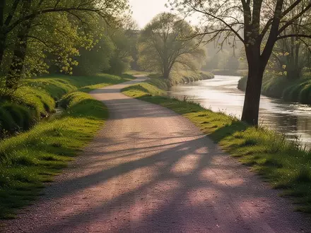 Ein flacher Laufweg entlang eines ruhigen Flusses in einer grünen Landschaft im sanften Licht des späten Nachmittags. - Foto: über boerse-global.de