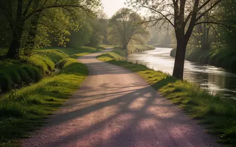 Ein flacher Laufweg entlang eines ruhigen Flusses in einer grünen Landschaft im sanften Licht des späten Nachmittags. - Foto: über boerse-global.de
