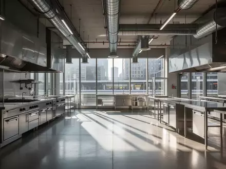 Eine leere, moderne Industrieküche in einem Bahnhofsgebäude mit Edelstahlflächen und minimalistischer Architektur. - Foto: über boerse-global.de