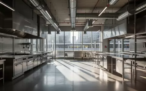 Eine leere, moderne Industrieküche in einem Bahnhofsgebäude mit Edelstahlflächen und minimalistischer Architektur. - Foto: über boerse-global.de