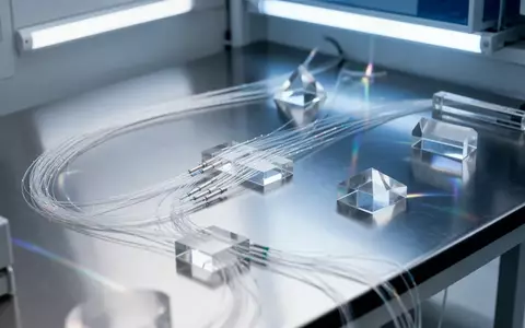 Ein technischer Labortisch mit Glasprismen und Glasfaserkabeln, die Licht reflektieren. - Foto: über boerse-global.de