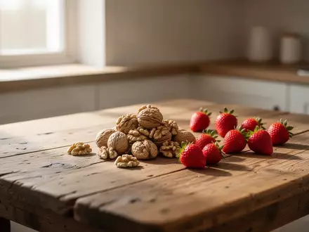 Eine Nahaufnahme von Walnüssen und Erdbeeren auf einem Holztisch bei natürlichem Tageslicht. - Foto: über boerse-global.de