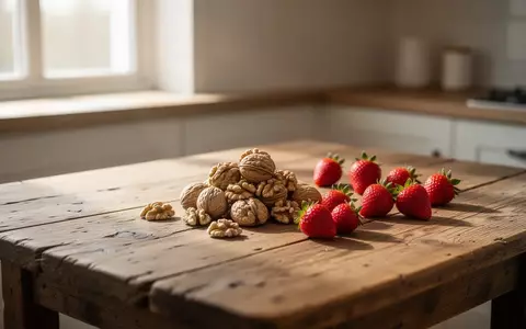 Eine Nahaufnahme von Walnüssen und Erdbeeren auf einem Holztisch bei natürlichem Tageslicht. - Foto: über boerse-global.de