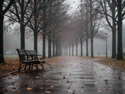 Eine leere Parkbank unter kahlen Bäumen an einem grauen Herbsttag. - Foto: über boerse-global.de