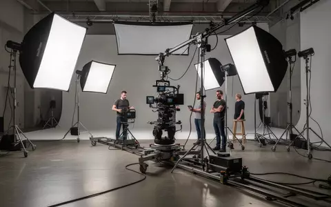 Ein professionelles Filmstudio mit hochwertiger Beleuchtungsausrüstung und Kamerastativen in einer minimalistischen Umgebung. - Foto: über boerse-global.de