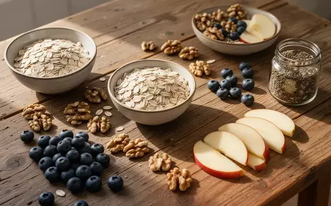 Eine Auswahl an frischen, pflanzlichen Lebensmitteln wie Haferflocken, Nüssen und Beeren auf einem Holztisch. - Foto: über boerse-global.de