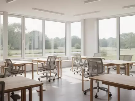 Ein heller, moderner Unterrichtsraum mit Holztischen und Stühlen in einem ruhigen Gebäude mit Blick ins Grüne. - Foto: über boerse-global.de