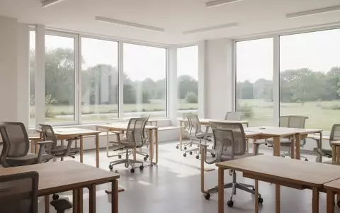 Ein heller, moderner Unterrichtsraum mit Holztischen und Stühlen in einem ruhigen Gebäude mit Blick ins Grüne. - Foto: über boerse-global.de