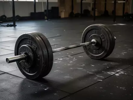 Eine schwere Eisenhantel liegt einsam auf dem Boden eines dunklen, leeren Fitnessstudios. - Foto: über boerse-global.de