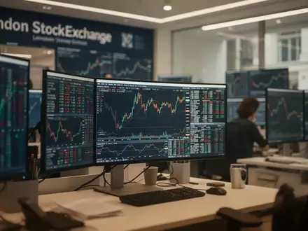 Moderne Arbeitsplätze an der Londoner Börse mit unscharfen Monitoren, die Finanzmarktdaten anzeigen. - Foto: über boerse-global.de