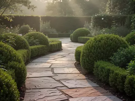 Gepflegte Garten- und Landschaftsanlage mit Steinwegen und grünen Sträuchern bei sanftem Morgenlicht. - Foto: über boerse-global.de