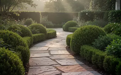 Gepflegte Garten- und Landschaftsanlage mit Steinwegen und grünen Sträuchern bei sanftem Morgenlicht. - Foto: über boerse-global.de