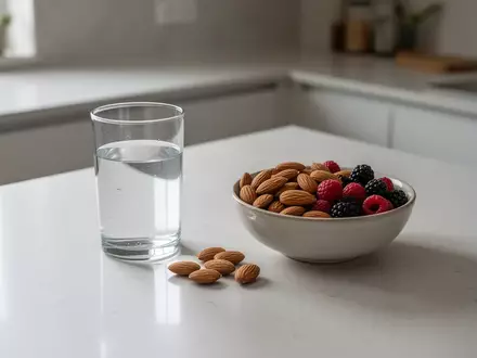 Ein minimalistisch gestalteter Küchentisch mit einer klaren Glaswasserkaraffe und frischen Zutaten wie Nüssen und Beeren. - Foto: über boerse-global.de