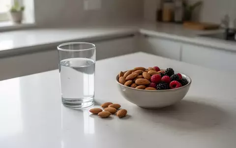 Ein minimalistisch gestalteter Küchentisch mit einer klaren Glaswasserkaraffe und frischen Zutaten wie Nüssen und Beeren. - Foto: über boerse-global.de