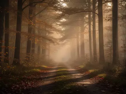 Ein nebliger Waldweg in der Abenddämmerung, der die Atmosphäre von Orientierungslosigkeit und Verletzlichkeit symbolisiert. - Foto: über boerse-global.de