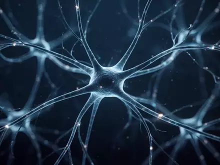 Abstrakte Darstellung neuronaler Verbindungen und Synapsen als leuchtende Filamente vor einem dunklen, blauen Hintergrund. - Foto: über boerse-global.de
