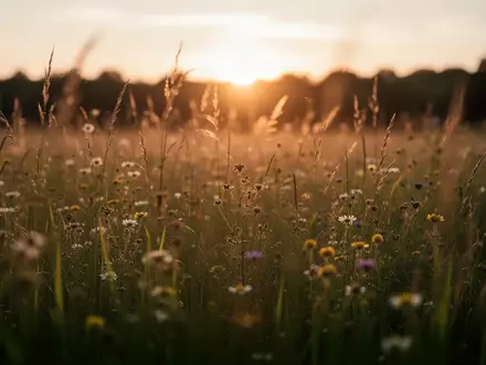 Eine unscharfe Blumenwiese im Licht der untergehenden Spätsommersonne. - Foto: über boerse-global.de