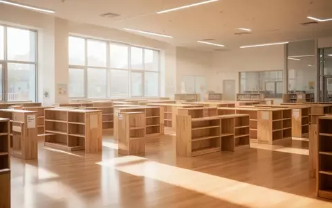 Helle, moderne Grundschulbibliothek mit leeren Holzregalen und einfallendem Tageslicht in einem minimalistischen Raum. - Foto: über boerse-global.de