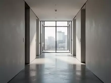 Ein leerer, modern gestalteter Büroflur mit poliertem Betonboden und hellem Tageslichteinfall durch ein Fenster. - Foto: über boerse-global.de