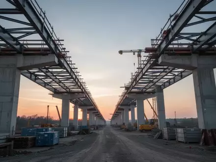 Eine Baustelle für eine Brücke mit Stahlträgern und Betonpfeilern in der Abenddämmerung. - Foto: über boerse-global.de