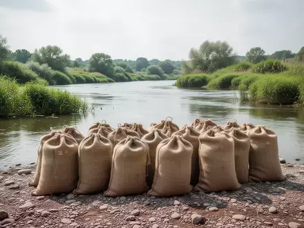 Eine weitläufige Flusslandschaft mit gesammelten Abfallsäcken am Ufer eines Flusses bei Tageslicht. - Foto: über boerse-global.de