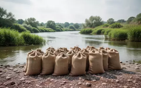 Eine weitläufige Flusslandschaft mit gesammelten Abfallsäcken am Ufer eines Flusses bei Tageslicht. - Foto: über boerse-global.de
