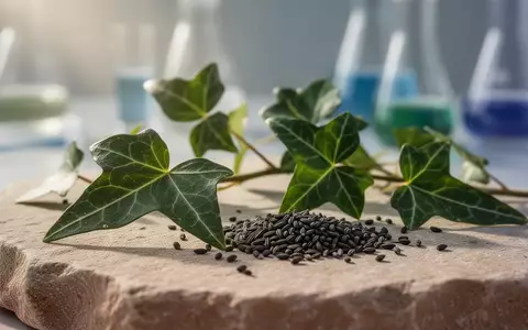 Efeublätter und Schwarzkümmelsamen auf einer Steinoberfläche in einer wissenschaftlichen Laborumgebung. - Foto: über boerse-global.de