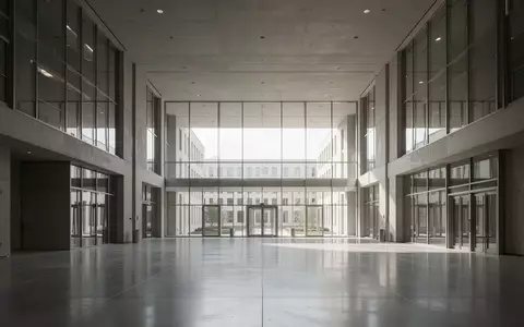 Ein minimalistisches, leeres Atrium eines modernen RegierungsgebĂ€udes mit hohen Decken und groĂen Glasfenstern. - Foto: ĂŒber boerse-global.de