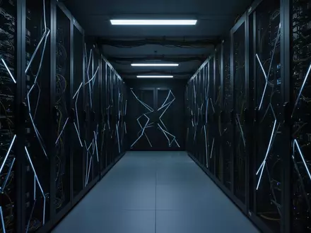 Dunkler, modern gestalteter Serverraum mit blauer Beleuchtung und abstrakten Geometrien. - Foto: über boerse-global.de