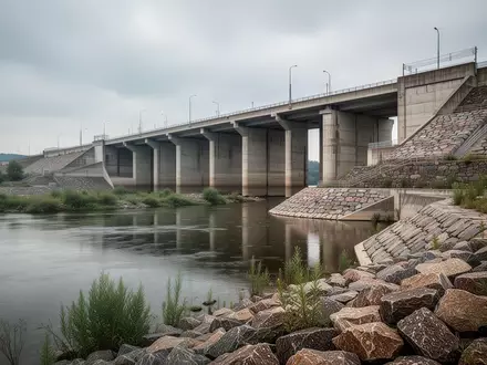 Eine massive Hochwasserschutzmauer aus Beton entlang eines Flussufers an einem bewölkten Tag. - Foto: über boerse-global.de