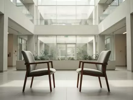 Zwei leere Sessel, die sich in einem hellen, minimalistischen Raum gegenüberstehen. - Foto: über boerse-global.de