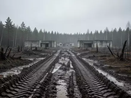 Eine verlassene, schlammige Landschaft mit tiefen Reifenspuren und befestigten Stellungen im Hintergrund. - Foto: über boerse-global.de
