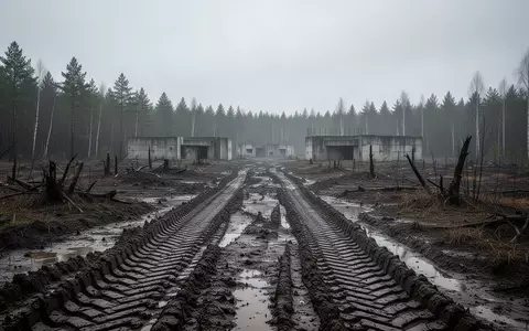 Eine verlassene, schlammige Landschaft mit tiefen Reifenspuren und befestigten Stellungen im Hintergrund. - Foto: über boerse-global.de