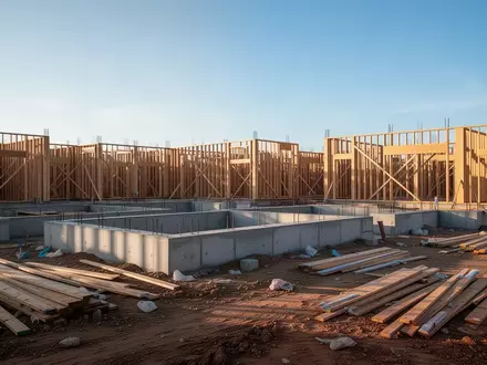 Unfertige Baustelle eines Wohngebäudes mit Betonfundament und Holzrahmenkonstruktion bei Tageslicht. - Foto: über boerse-global.de