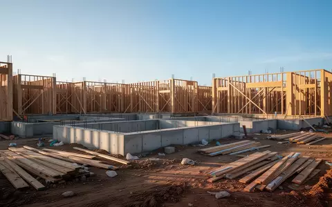 Unfertige Baustelle eines Wohngebäudes mit Betonfundament und Holzrahmenkonstruktion bei Tageslicht. - Foto: über boerse-global.de