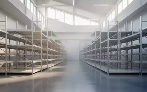 Ein minimalistischer, moderner Logistik-Verteilerraum mit leeren Regalen und poliertem Betonboden in hellem Tageslicht. - Foto: über boerse-global.de